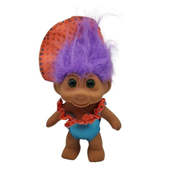 TNT Other - Vintage TNT Troll Doll Purple Hair With Swimsuit & Hat Green Eyes 6" 1991
